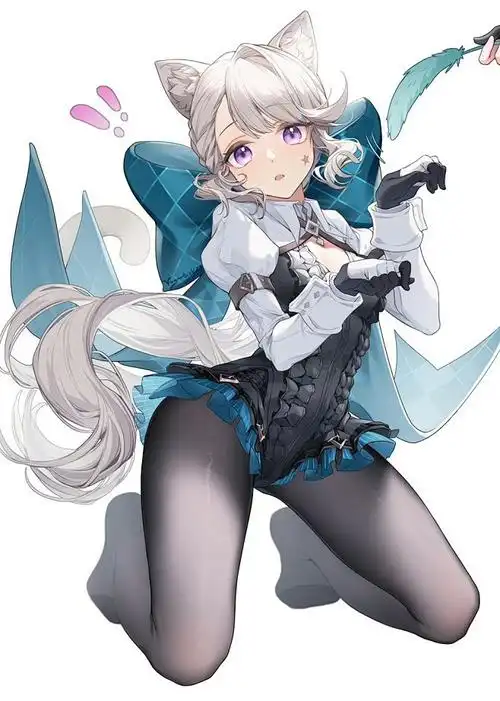 hanime 白发猫耳少女黑白紧身衣蓝绿色蝴蝶结白色背景动漫插画