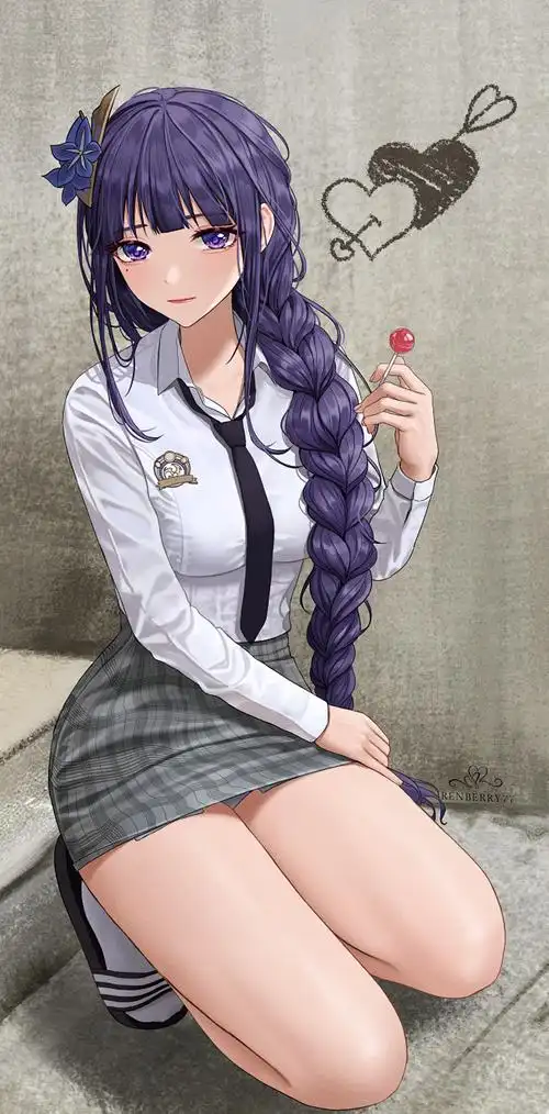 hanime 紫发少女麻花辫白衬衫黑领带灰色格子裙灰色水泥背景动漫插画